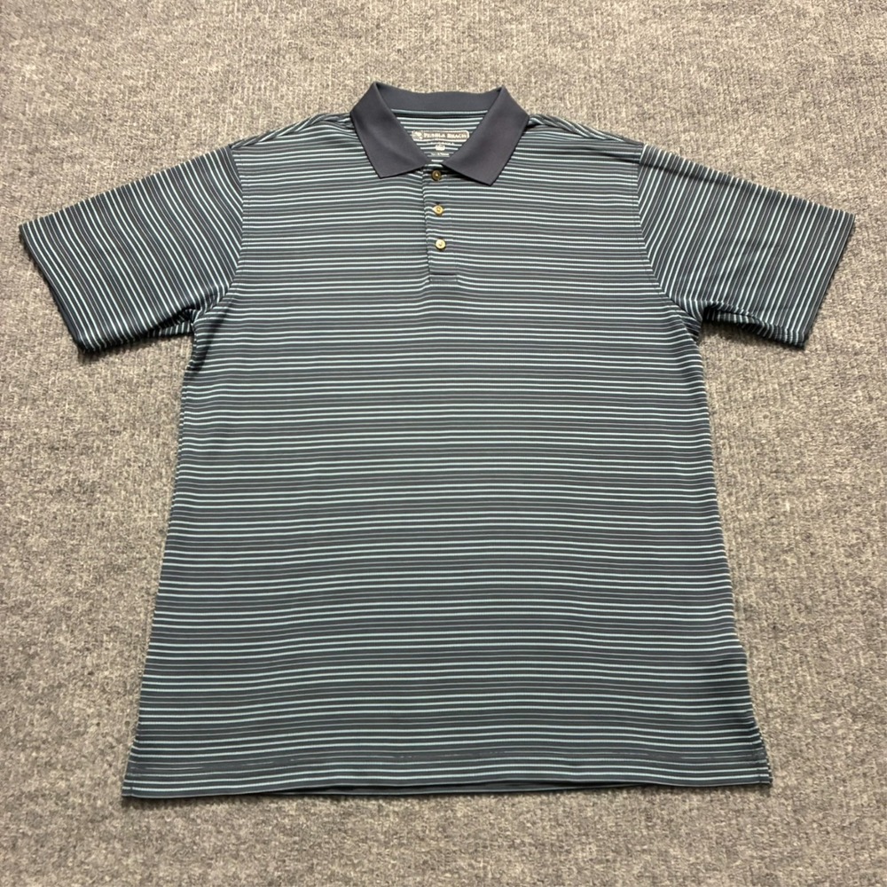 Pebble Beach Performance Mens Polo Shirt Size Large Blue Striped Short Sleeve